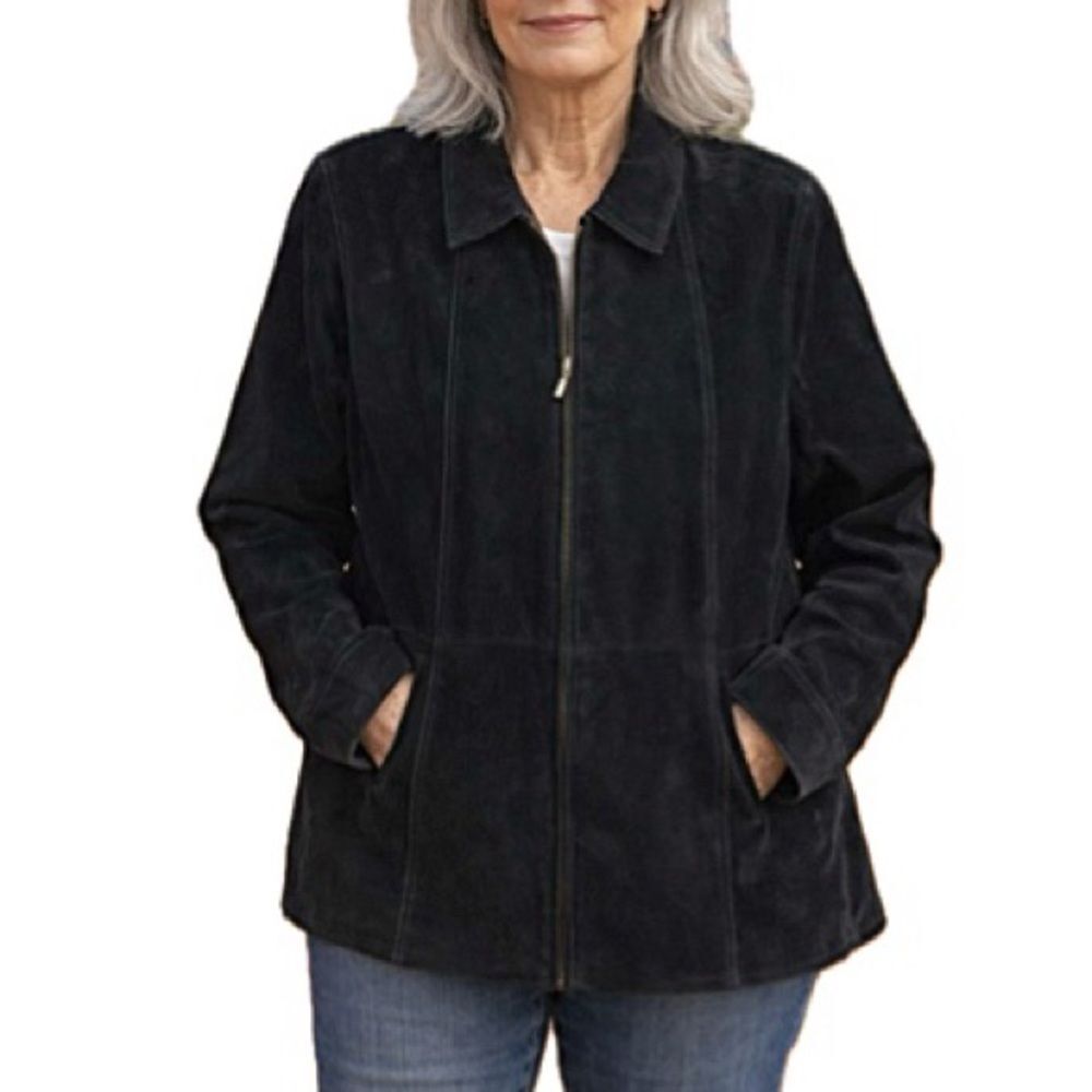 Coldwater Creek Black 100% Suede Leather Jacket Womens Petite Size XL Zip Front
